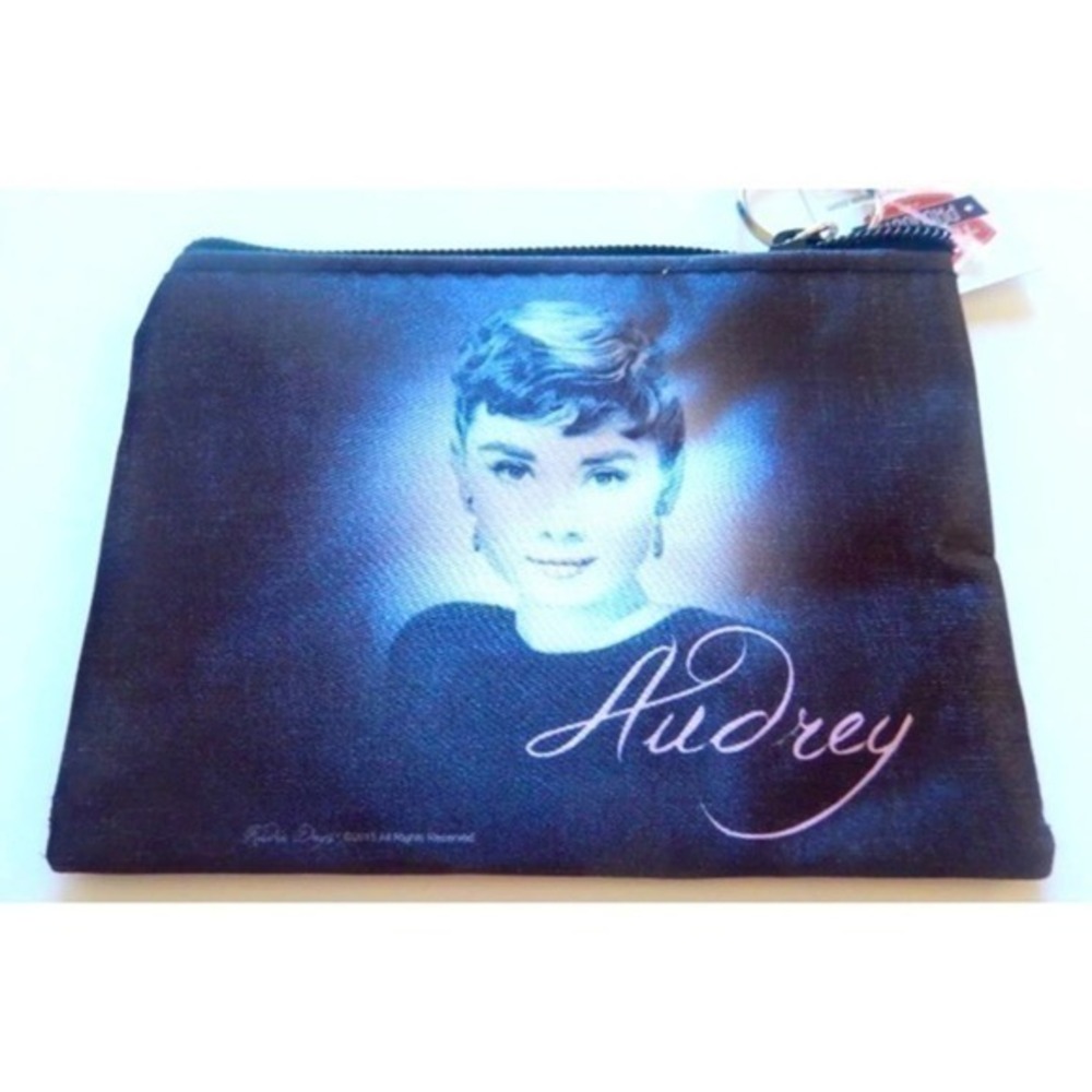 Audrey Hepburn Make-Up/ Cosmetic Bag Pouch- black white-pink lips & lettering